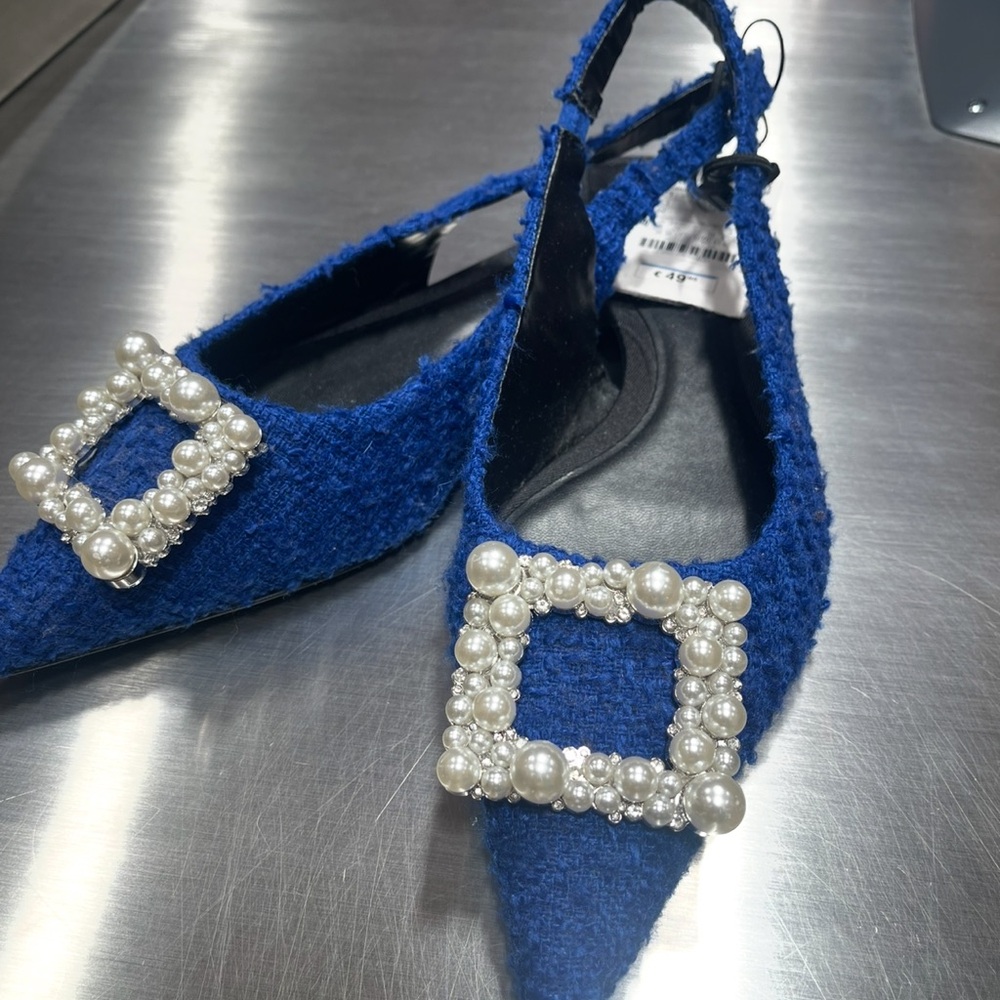 Zara Royal Blue Pearl-Buckle Pointed Slingback Flats